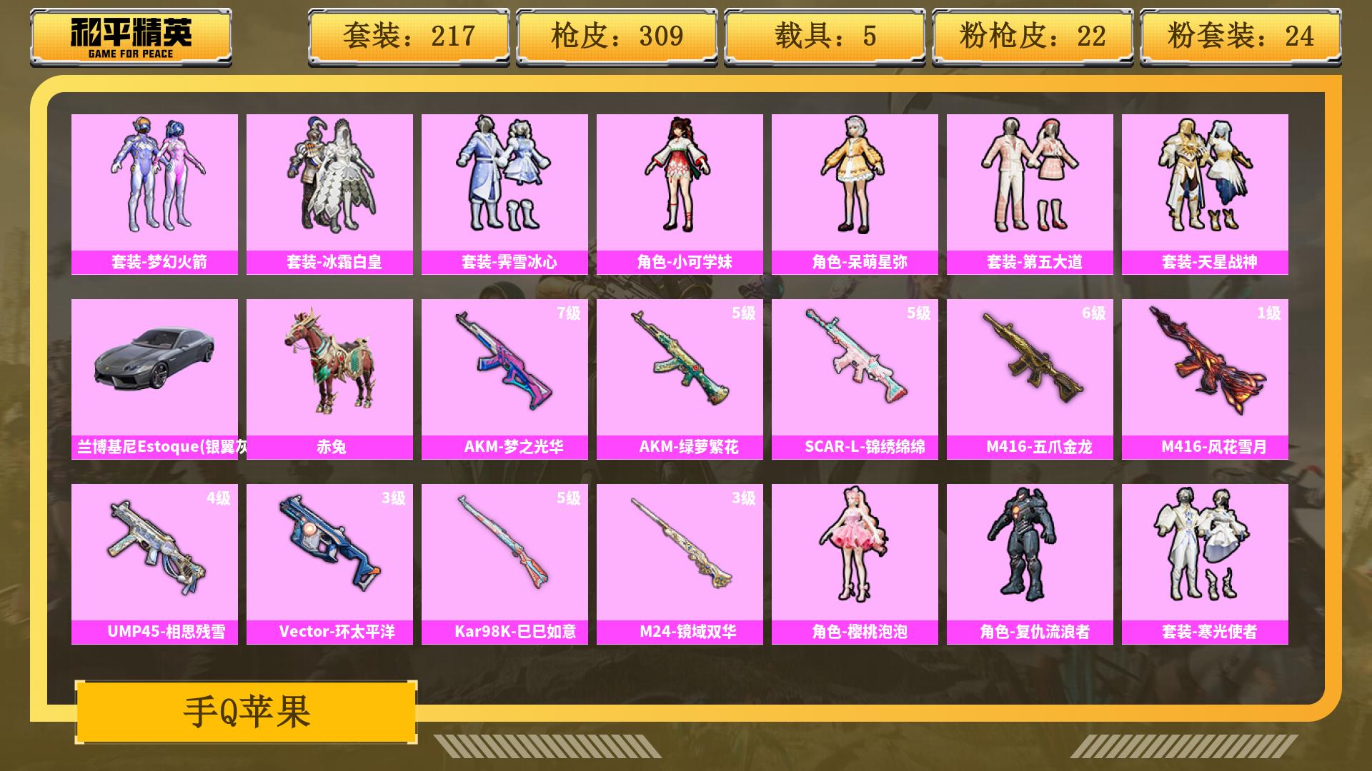 和平精英账号安卓QQ0载具-0套装-0枪皮-JXWL-0 热力值/枪皮数量309/粉装数79/套装数量217/时装数80