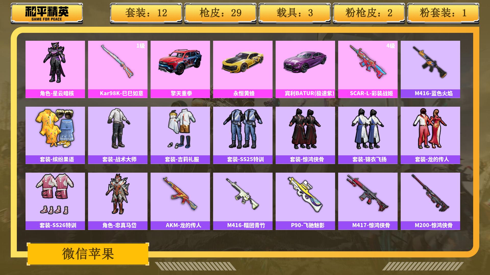 和平精英账号安卓微信0载具-0套装-0枪皮-JXWL-0 连体铲子/铲子至臻香水宝石凤女/香水宝石宫棋盘/3车皮/擎天重拳/永恒黄蜂/宾利BATUR（极速紫）