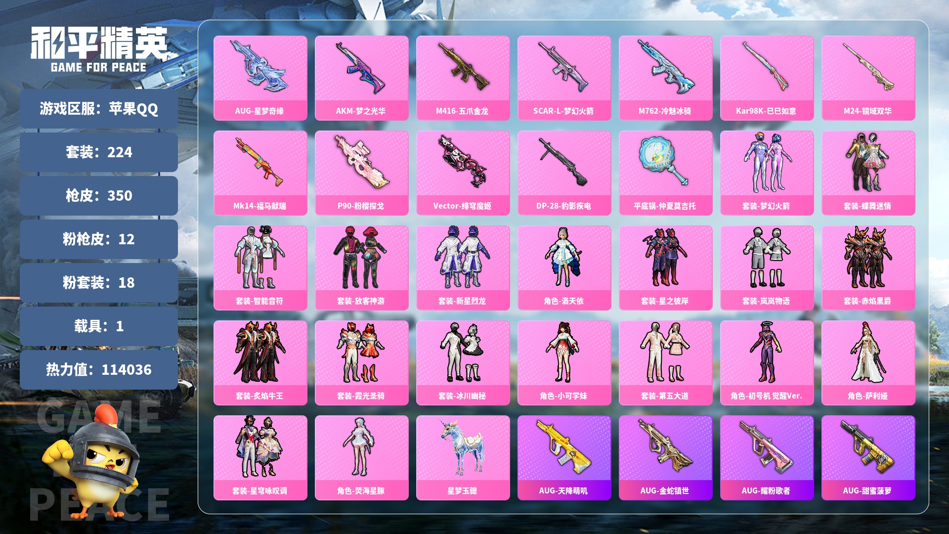 和平精英账号安卓QQ0载具-0套装-0枪皮-JXWL-0 粉装数：18 粉枪数：12 载具数：1 套装数量：224 枪皮