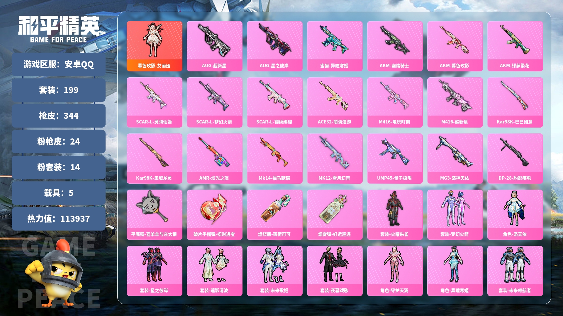 和平精英账号安卓QQ0载具-0套装-0枪皮-JXWL-0 红装数量：1 粉装数：13 粉枪数：24 载具数：5 