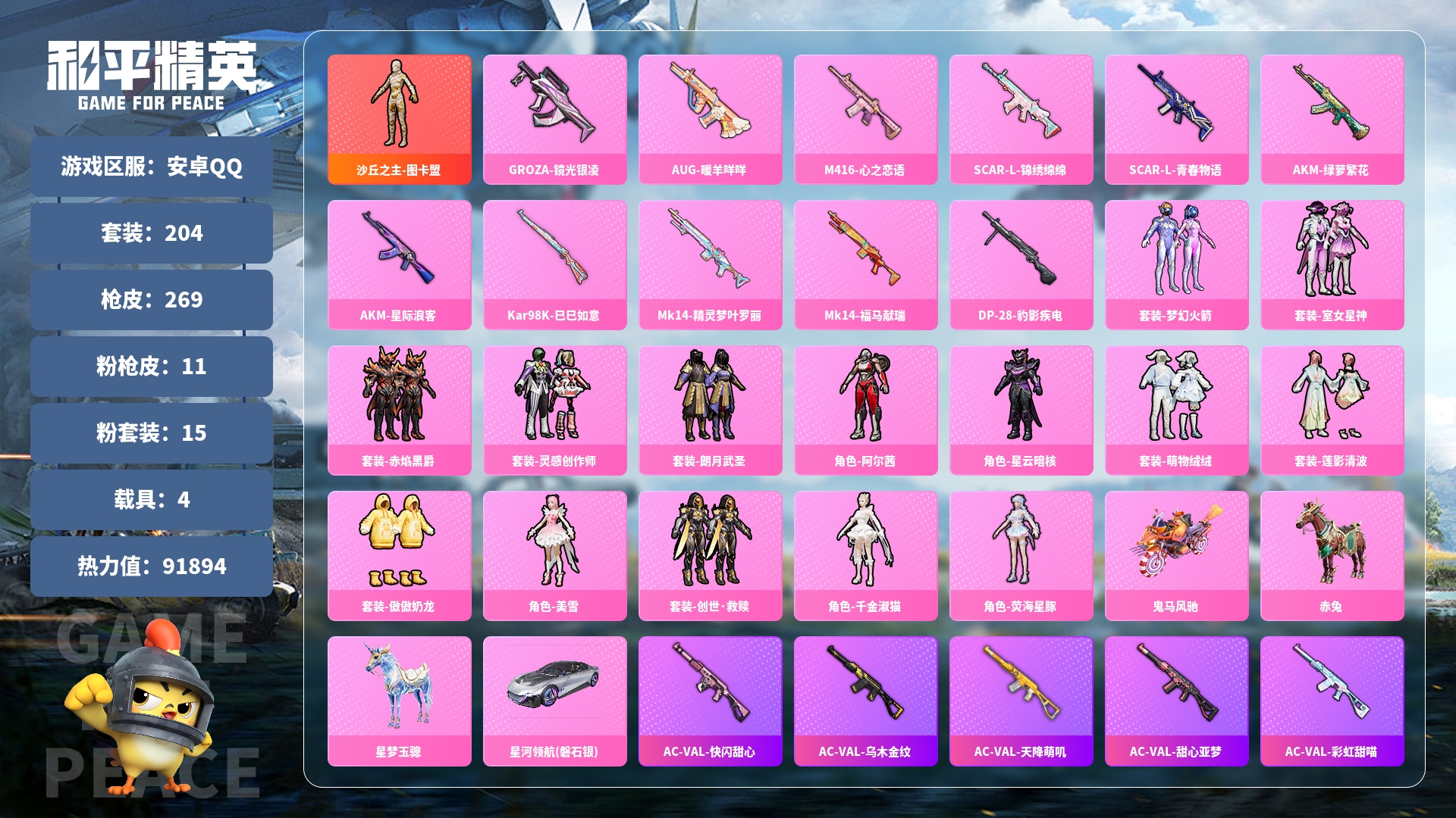 和平精英账号安卓QQ0载具-0套装-0枪皮-JXWL-0 91894热力值/1红装/14粉装/11粉枪/5粉色飞行器