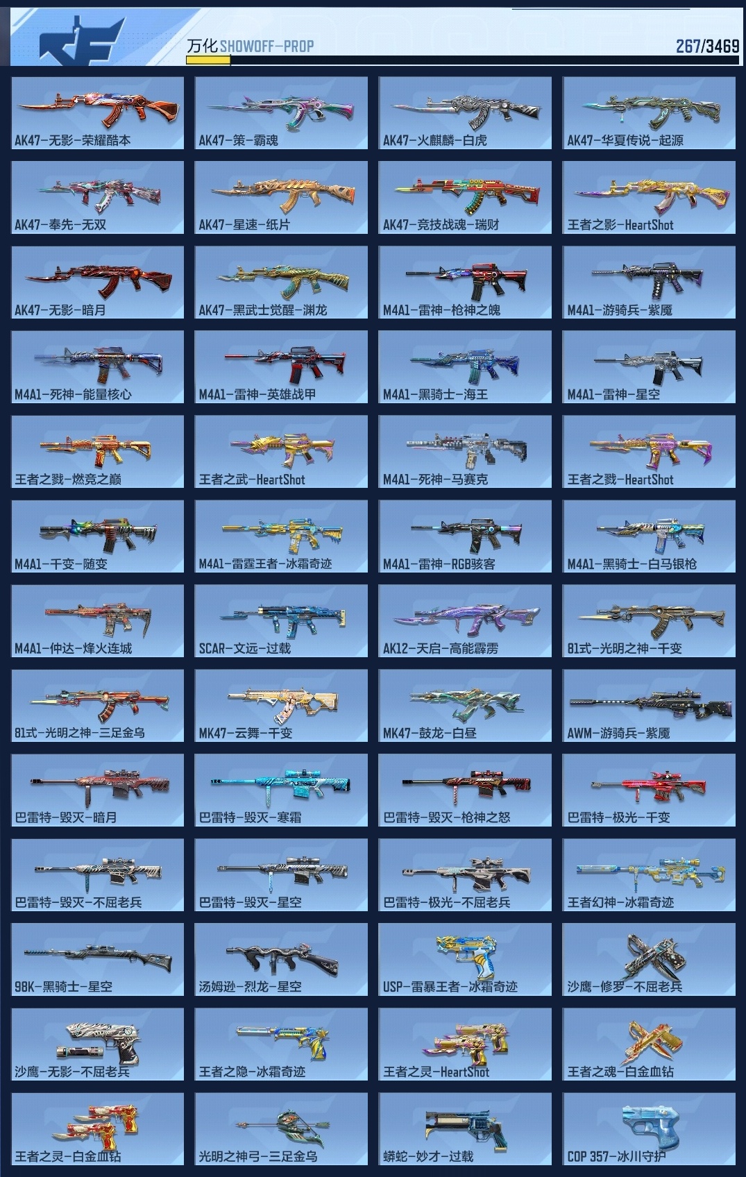 BZ774083 【极品v9-六至尊50王者-冰皮王幻-冰皮m4雷霆-双宙斯-擎天柱-多三国套装-六烈】 王者V武器数量：33 英雄武器数量：286 音效卡数量：6 万化数量：267 VIP等级：V