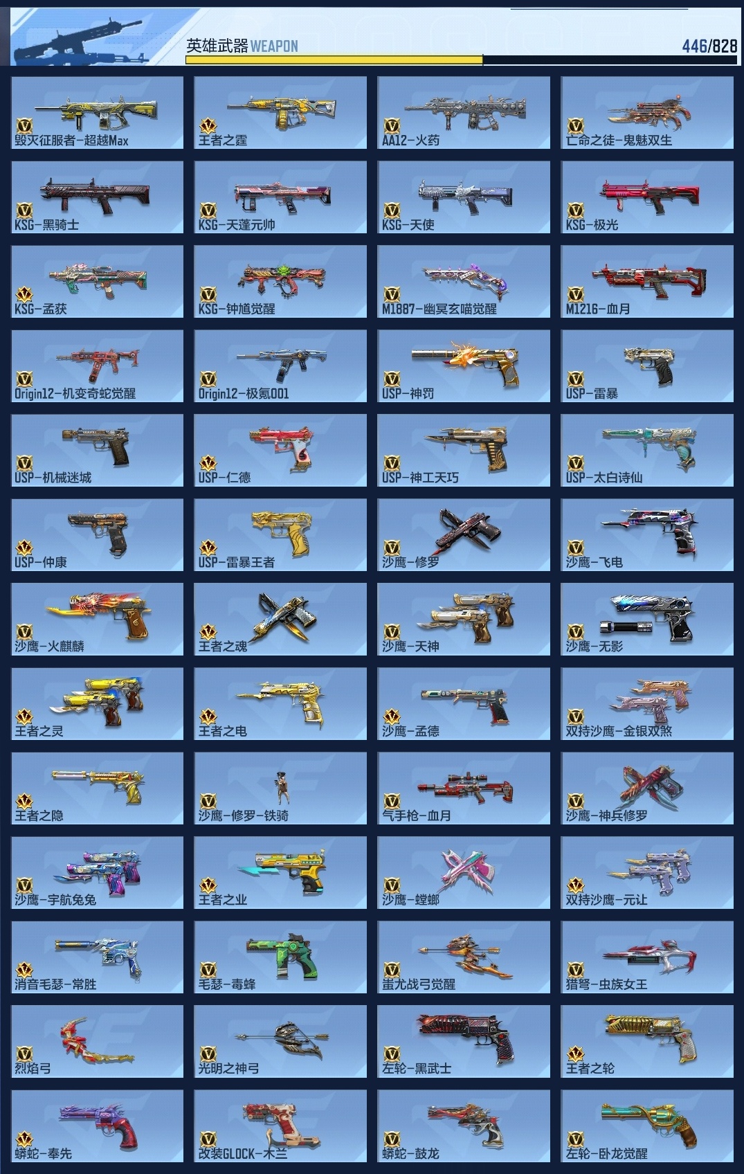 BZ774073 【极品v10-二十至尊86王者-紫电王力-随变王者之幻-王者多皮肤-王者零-钟小葵带帝皇侠-满屏全皮三国套装-爆破生化挑战全能】 王者V武器数量：64 英雄武器数量：446 万化数