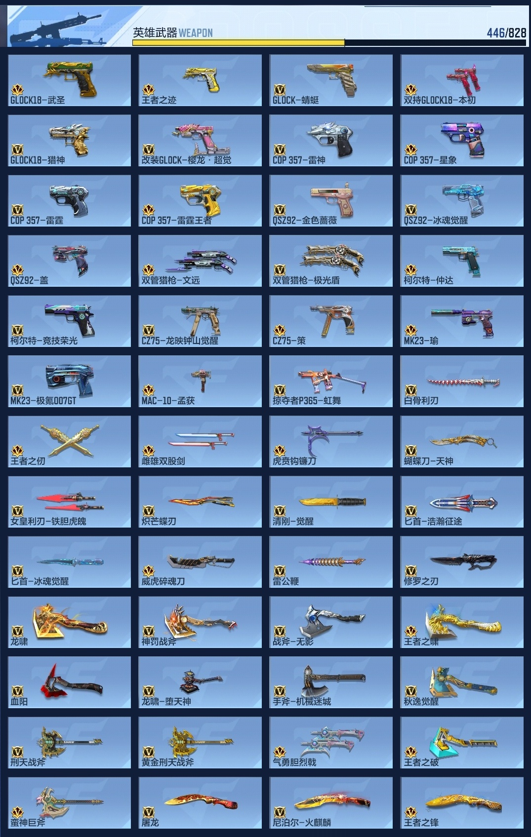 BZ774073 【极品v10-二十至尊86王者-紫电王力-随变王者之幻-王者多皮肤-王者零-钟小葵带帝皇侠-满屏全皮三国套装-爆破生化挑战全能】 王者V武器数量：64 英雄武器数量：446 万化数