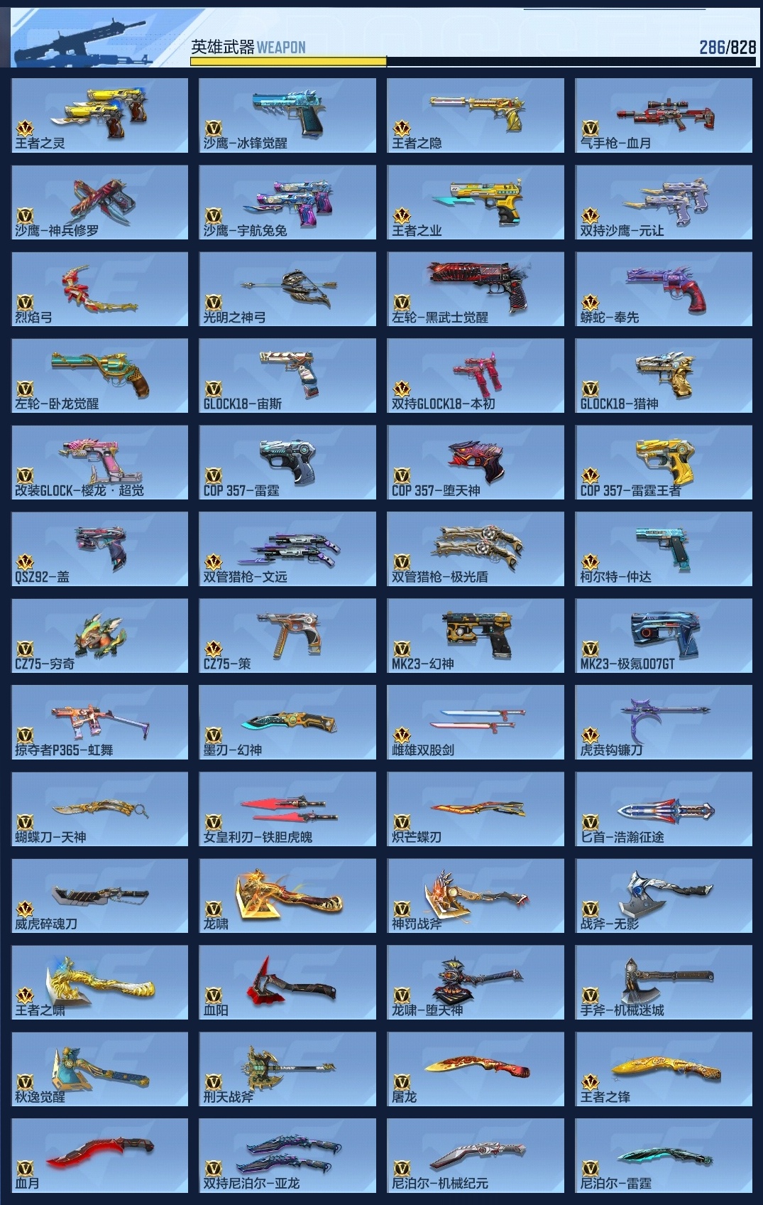 BZ774083 【极品v9-六至尊50王者-冰皮王幻-冰皮m4雷霆-双宙斯-擎天柱-多三国套装-六烈】 王者V武器数量：33 英雄武器数量：286 音效卡数量：6 万化数量：267 VIP等级：V