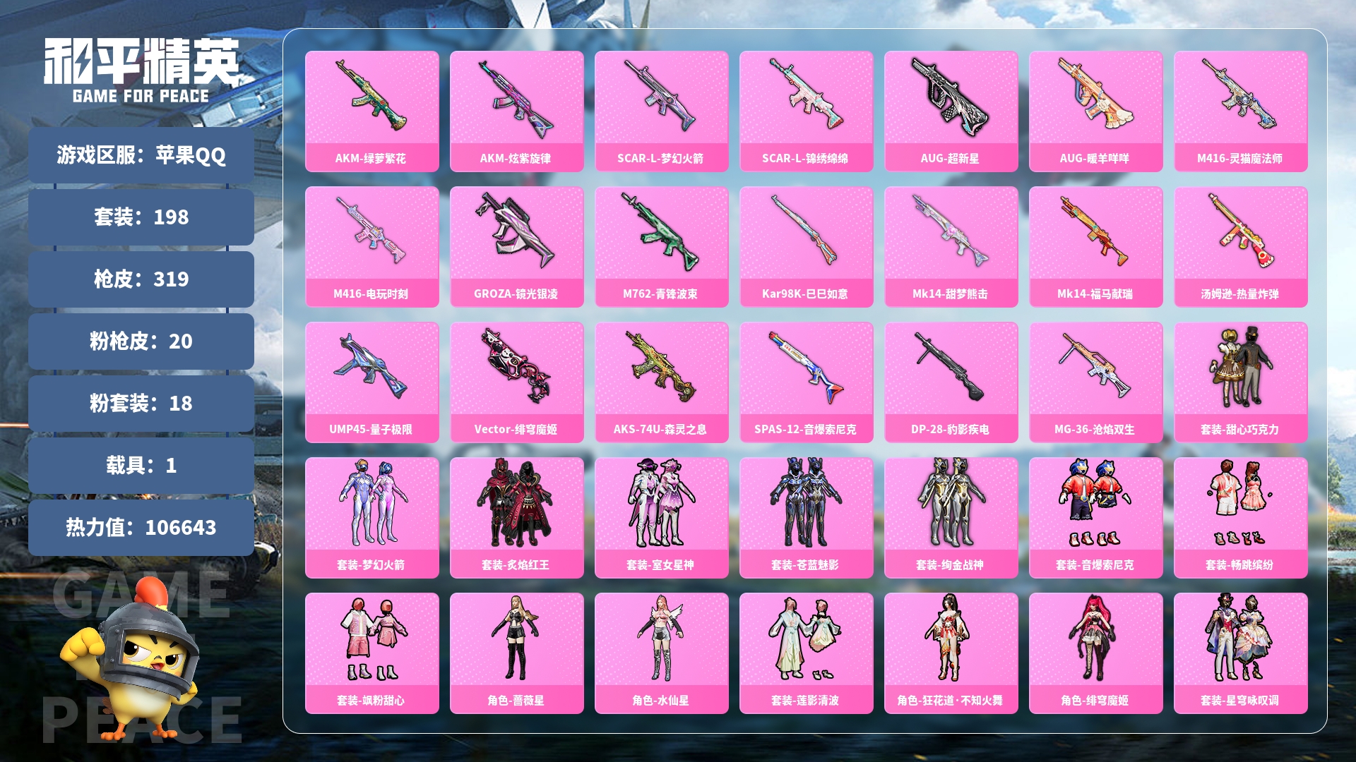 和平精英账号安卓QQ0载具-0套装-0枪皮-JXWL-0 热力值/704时装/18粉装/20粉枪/1载具/8粉飞行器/