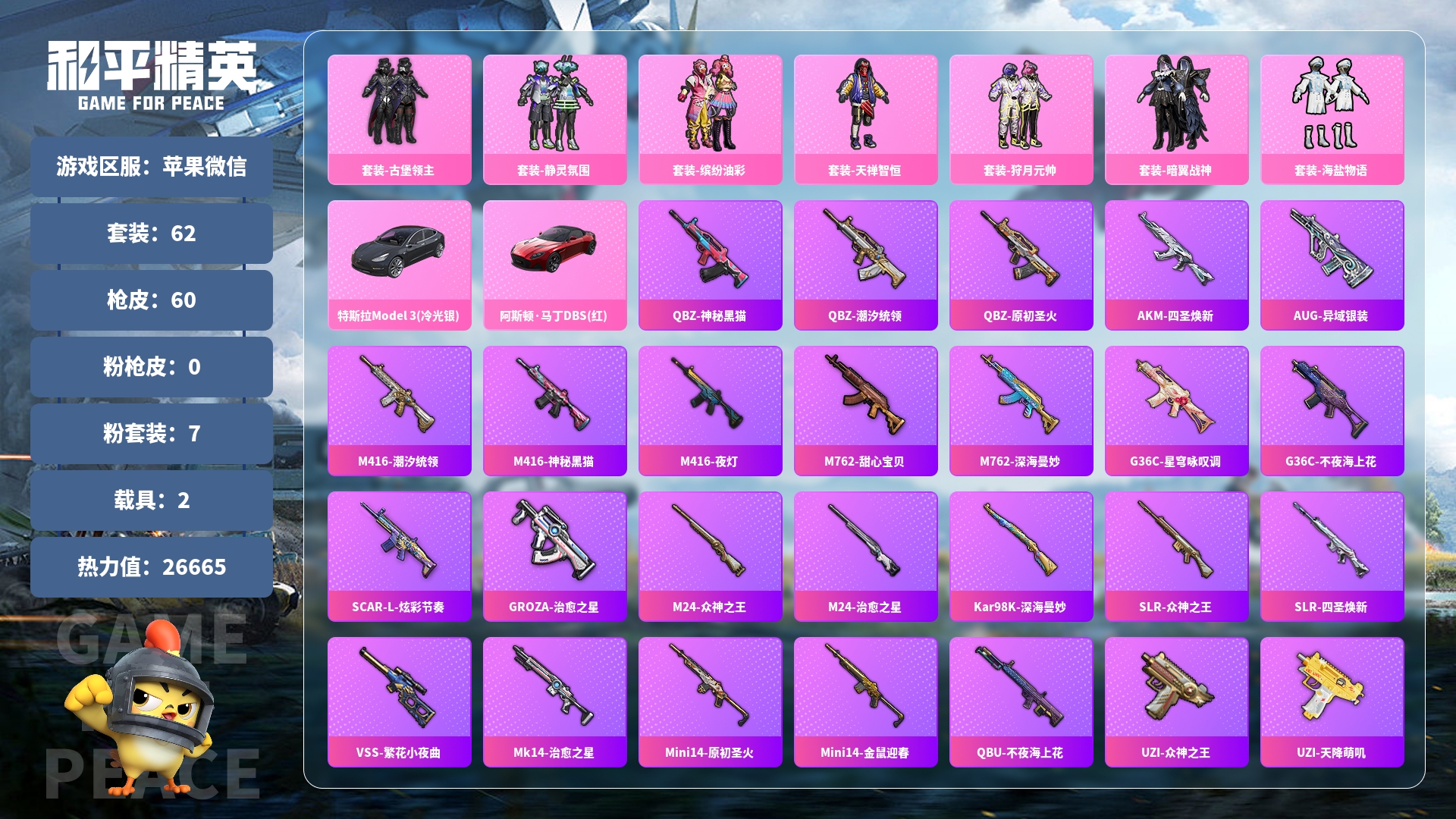 和平精英账号安卓微信0载具-0套装-0枪皮-JXWL-0 2载具/7粉装/特斯拉Model3（冷光银）/阿斯顿马丁DBS（红）/古堡领主/静灵氛围/缤纷油彩/天禅智恒/狩月元帅/暗翼战神/海盐物语