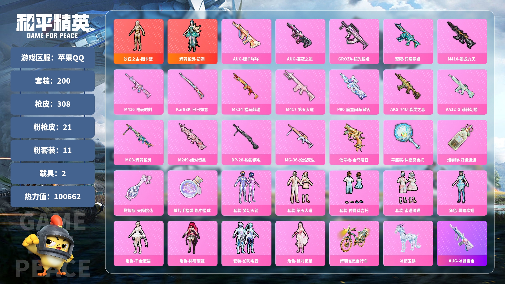 和平精英账号安卓QQ0载具-0套装-0枪皮-JXWL-0 红装数量：2 粉装数：9 粉枪数：21 载具数：2 套装数量：200 枪皮数量：308 粉色飞行器数量：10 热力值： 印记数：16 时装数：737 战备数：22
